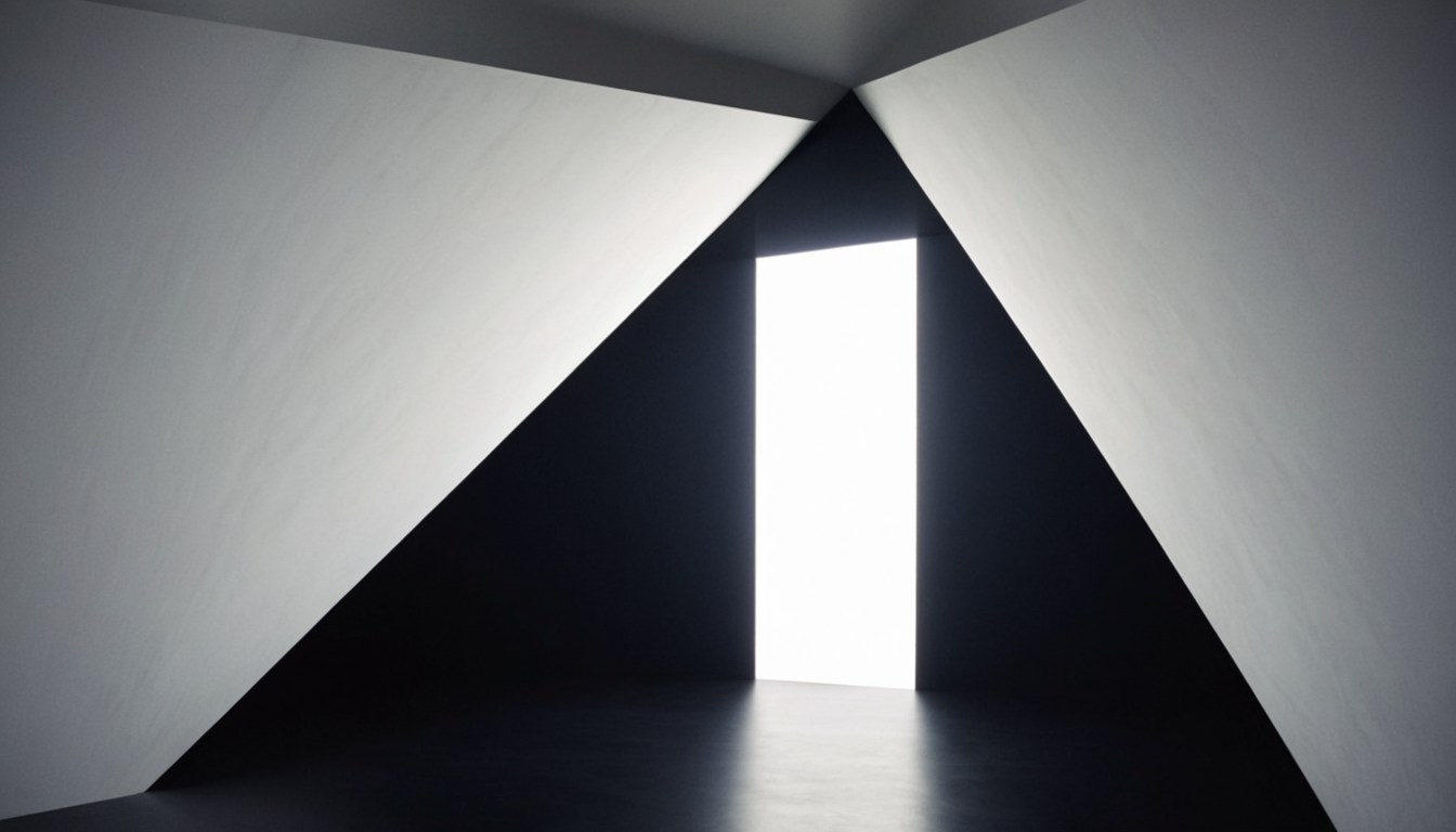 A single white beam on a symmetrical object with one quadrant lost in shadow.