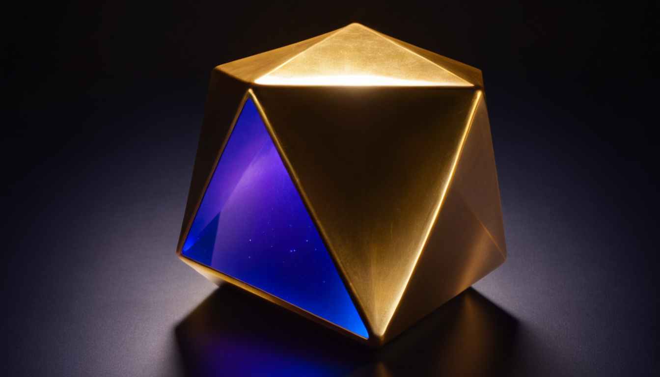 An impossible solid emitting a new gold-white color, with one violet light staying lit at its edge.