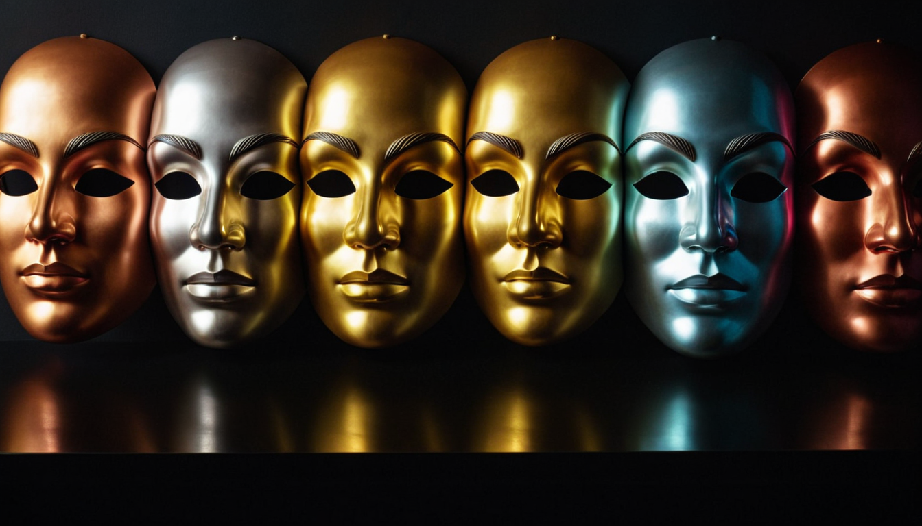 Five identical masks of light in a row, the same face wearing different colored glows.
