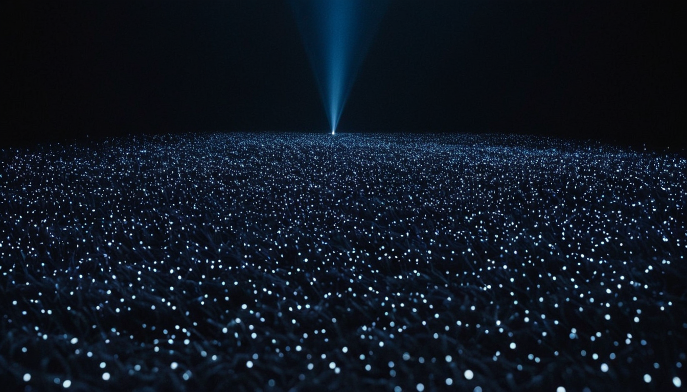 Thousands of cold, scattered points of light drifting unaligned in deep navy — reasoning without grounding.