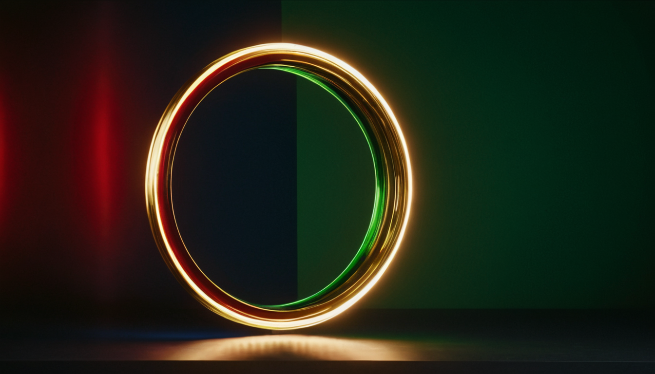 A luminous golden ring, a test failing red then resolving to clean green as the loop runs — error correction.