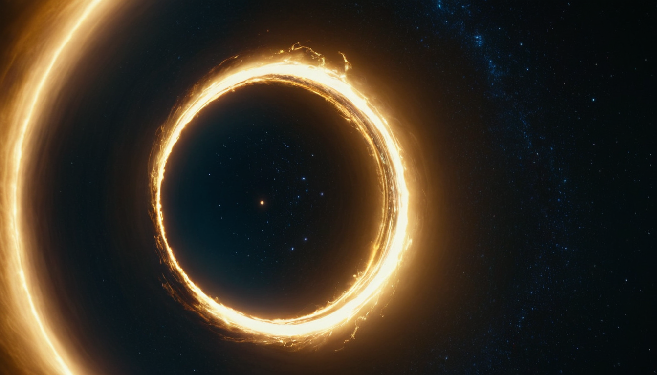 A single still point of warm gold light at the center of a fast-spinning ring blurred into one calm circle on deep navy.