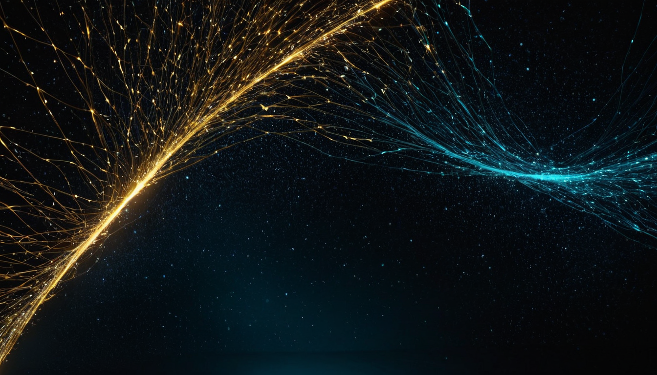Event particles with light-traces, reactions arcing between them like synapses.