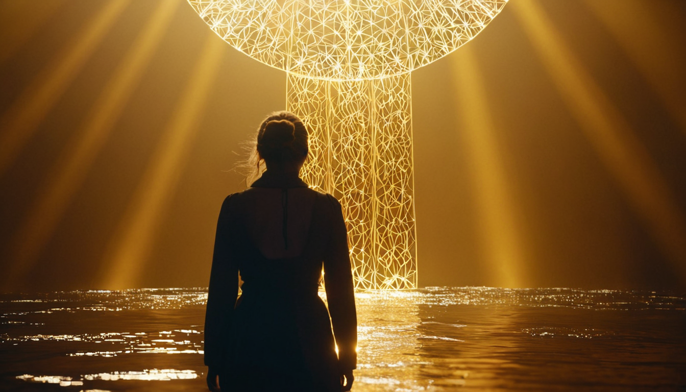 A backlit human silhouette placing dark damping runes into a flowing river of light.