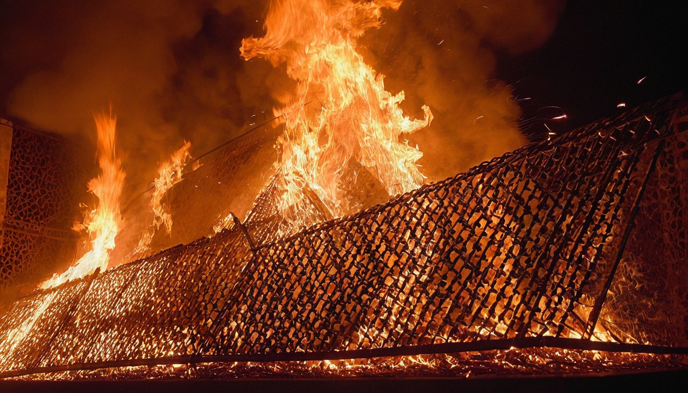 A small spark cascading into a runaway lattice fire across a dark mesh.