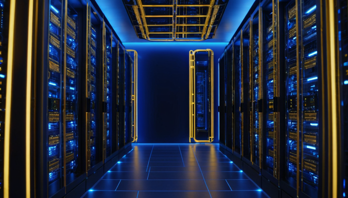 A data center aisle of server racks lit in deep blue with gold accent lighting