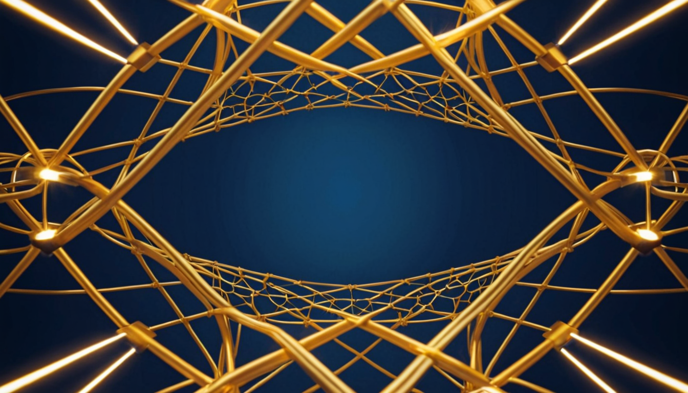 A golden lattice of light multiplying outward from a central node into many connected points