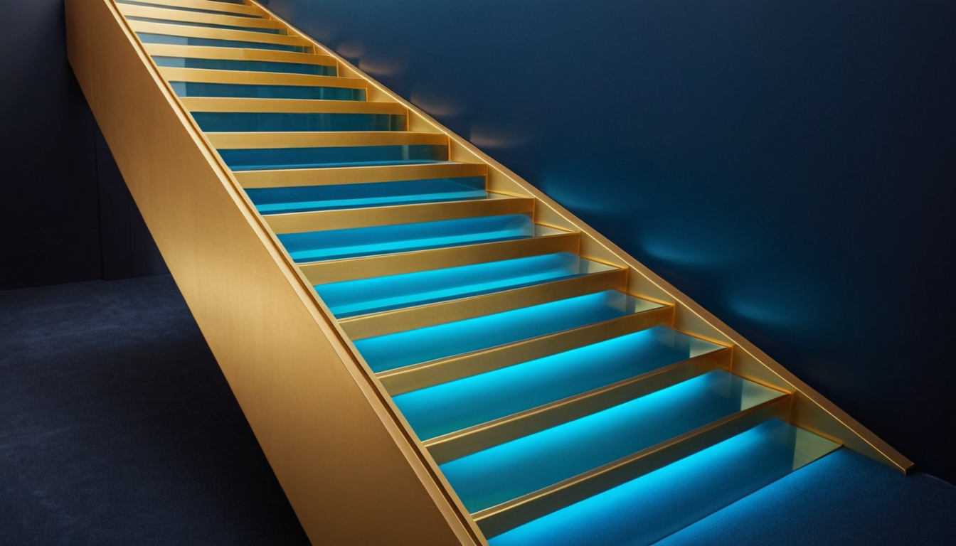 Four ascending tiers of glowing light, from warm gold at the base to cool cyan at the top